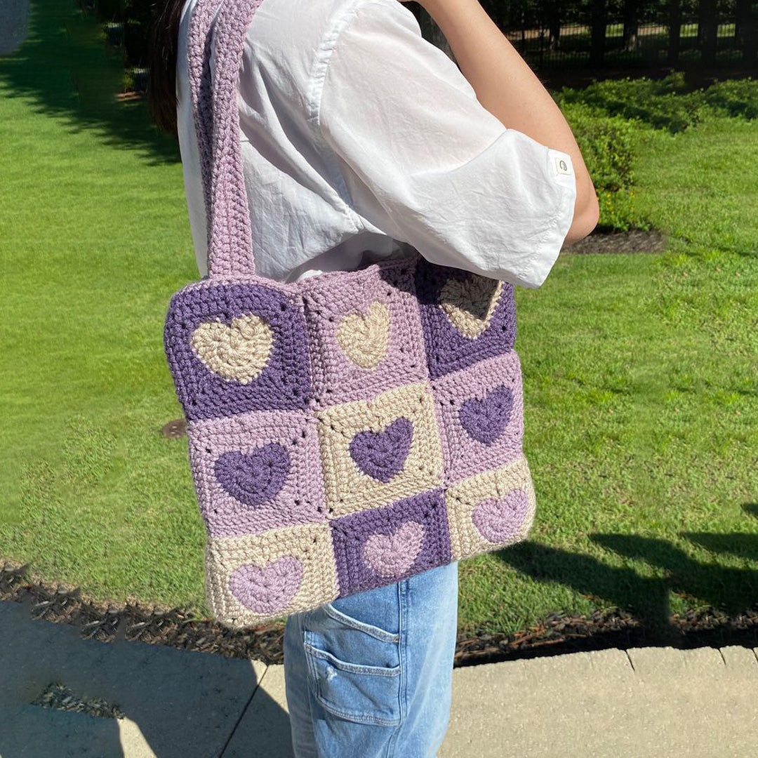Hand-Crocheted Heart Tote Square Bag β Purple Shades