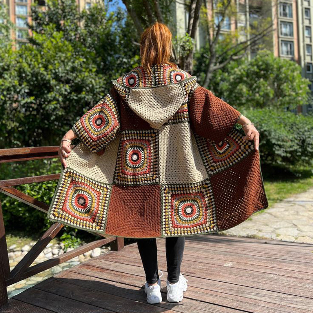 Hand Crocheted Oversized Hippie Coat with Hoodie β Brown Shades