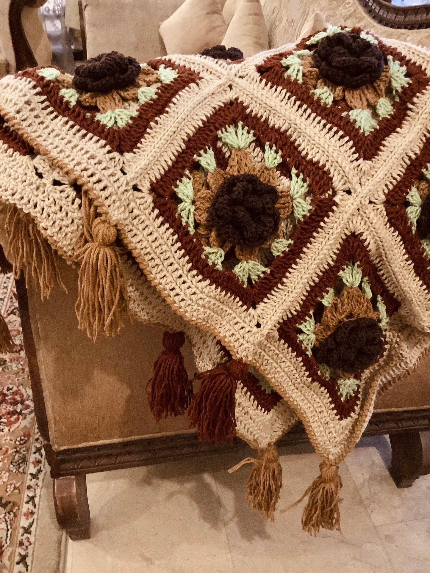 Bed Runner / Sofa Throw - with Dark Brown flowers