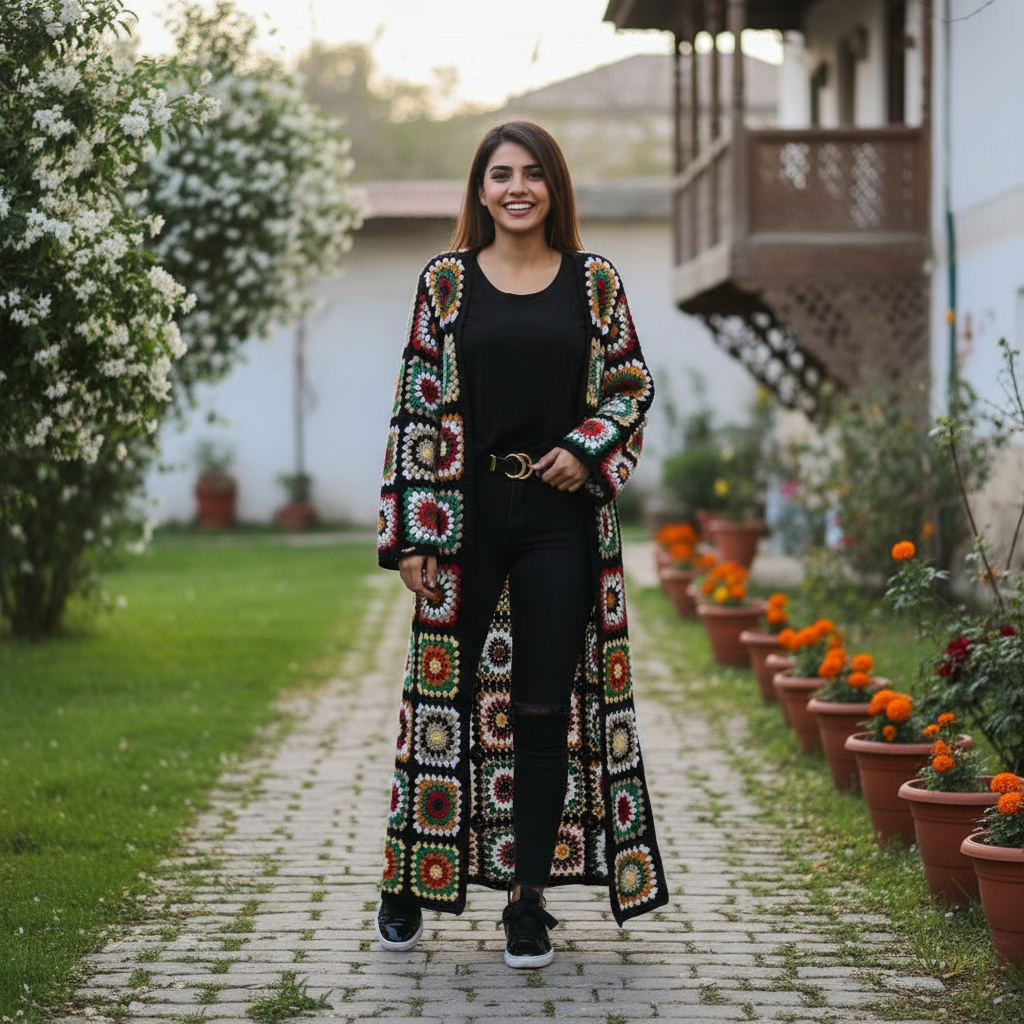 Hand Crocheted Multicolor Long Cape