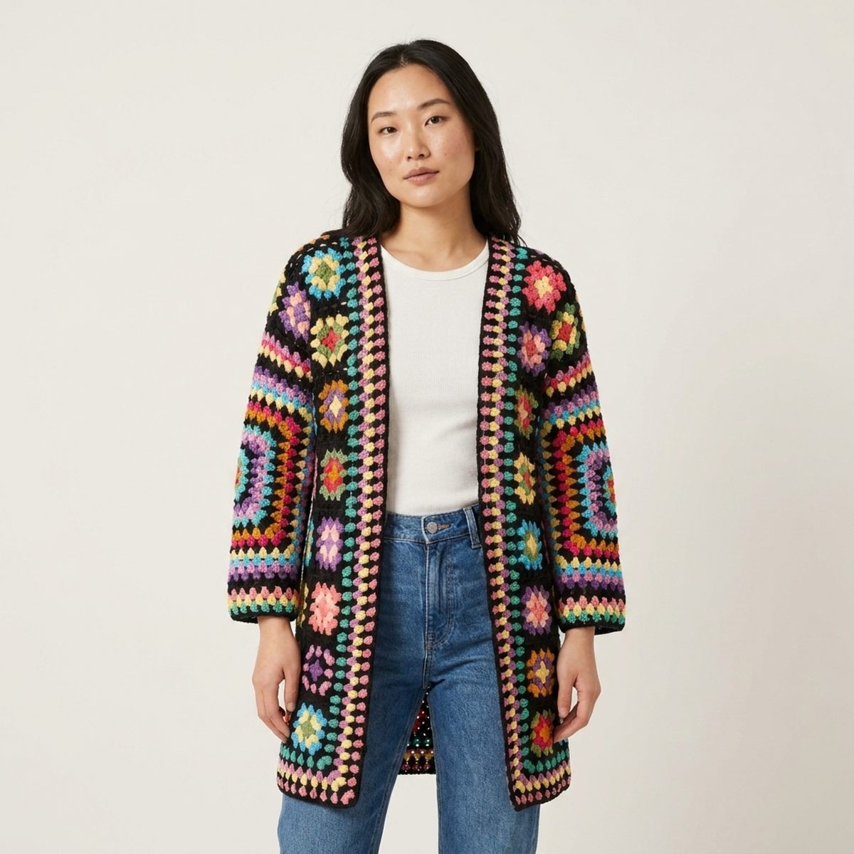 Hand Crocheted Multicolor Long Cardigan