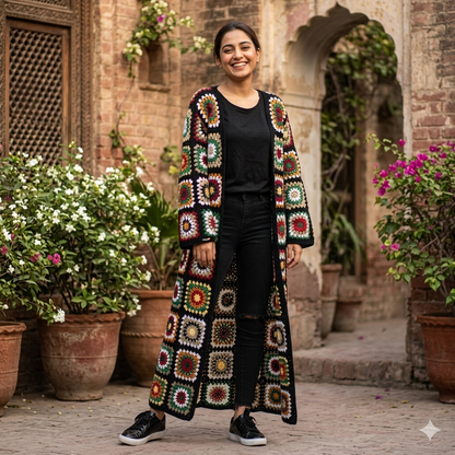 Hand Crocheted Multicolor Long Cape