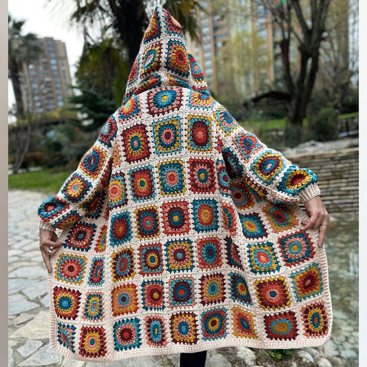 Hand Crocheted Oversized Hippie Coat with Hoodie