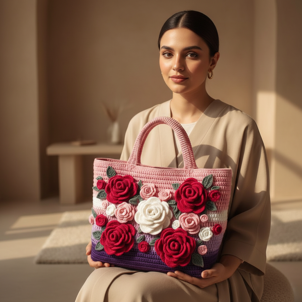 Hand Crochet Rose Hand Bag