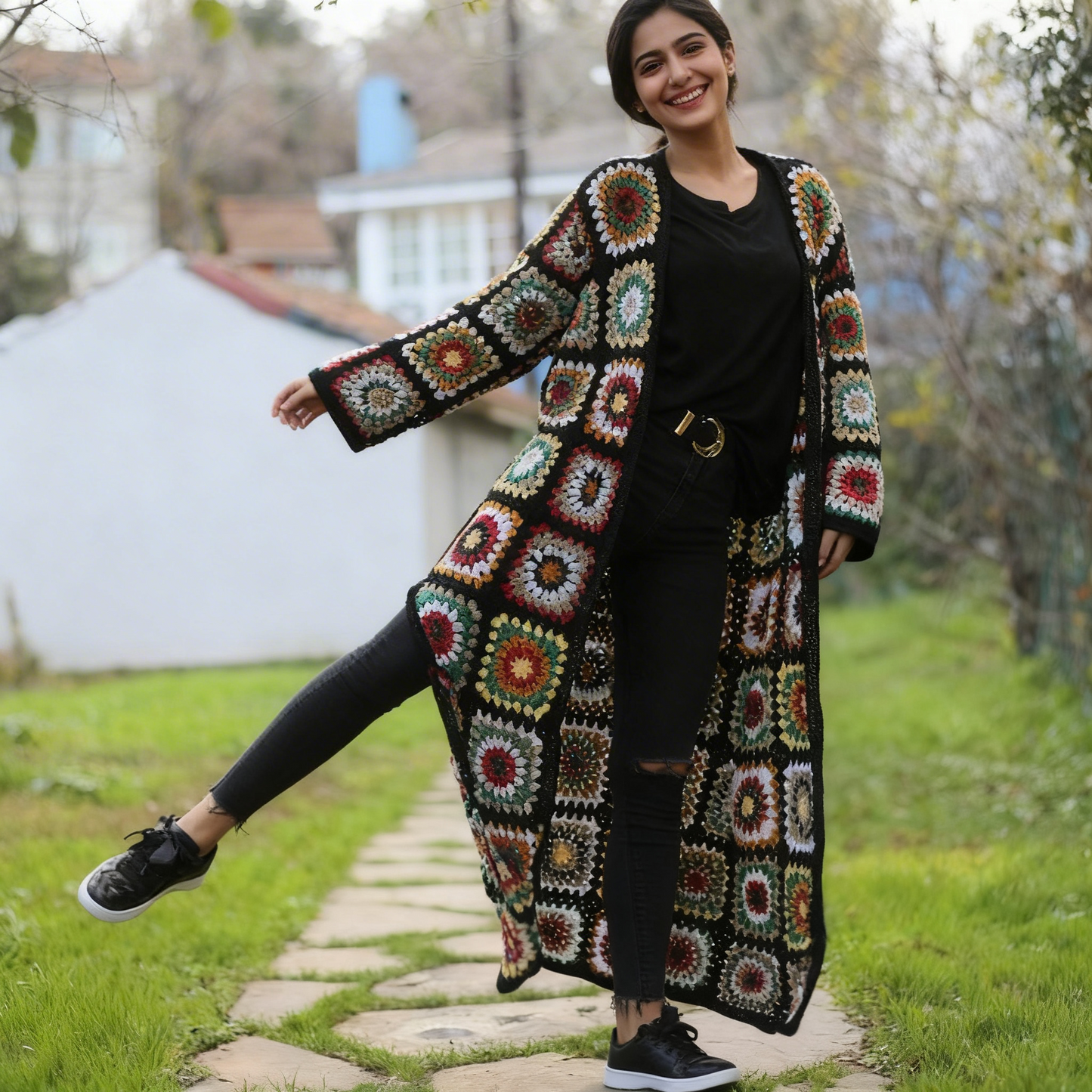 Hand Crocheted Multicolor Long Cape