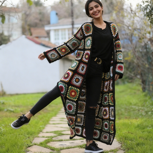 Hand Crocheted Multicolor Long Cape