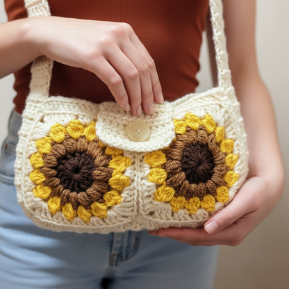 Hand Crocheted Sunflower Shoulder Rectangular Bag