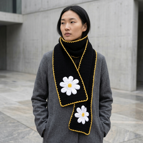 Hand Crocheted Daisy Scarf Black with Mustard Edging