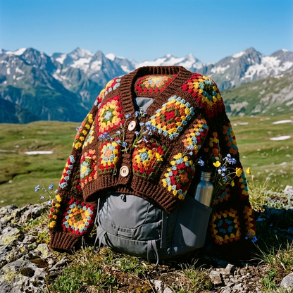 Hand Crocheted Granny Square Cardigan Chocolate Brown, Cropped