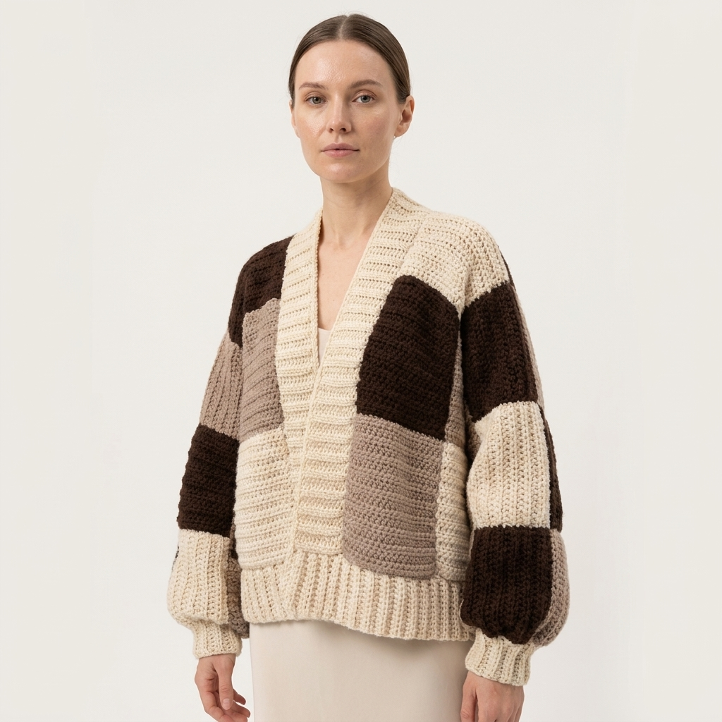 Hand Crocheted Square Patch Cropped Cardigan with Baggie Sleeves