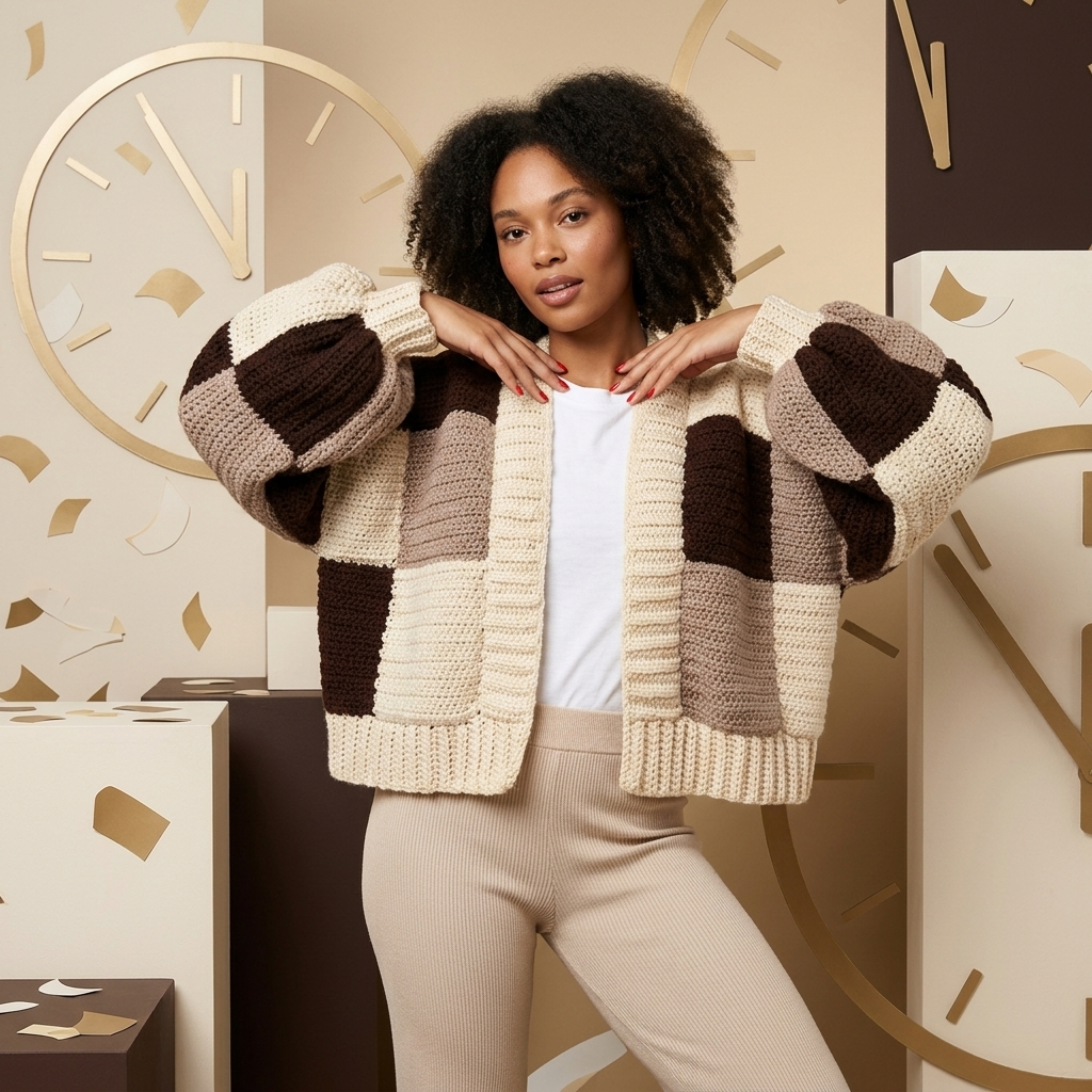 Hand Crocheted Square Patch Cropped Cardigan with Baggie Sleeves