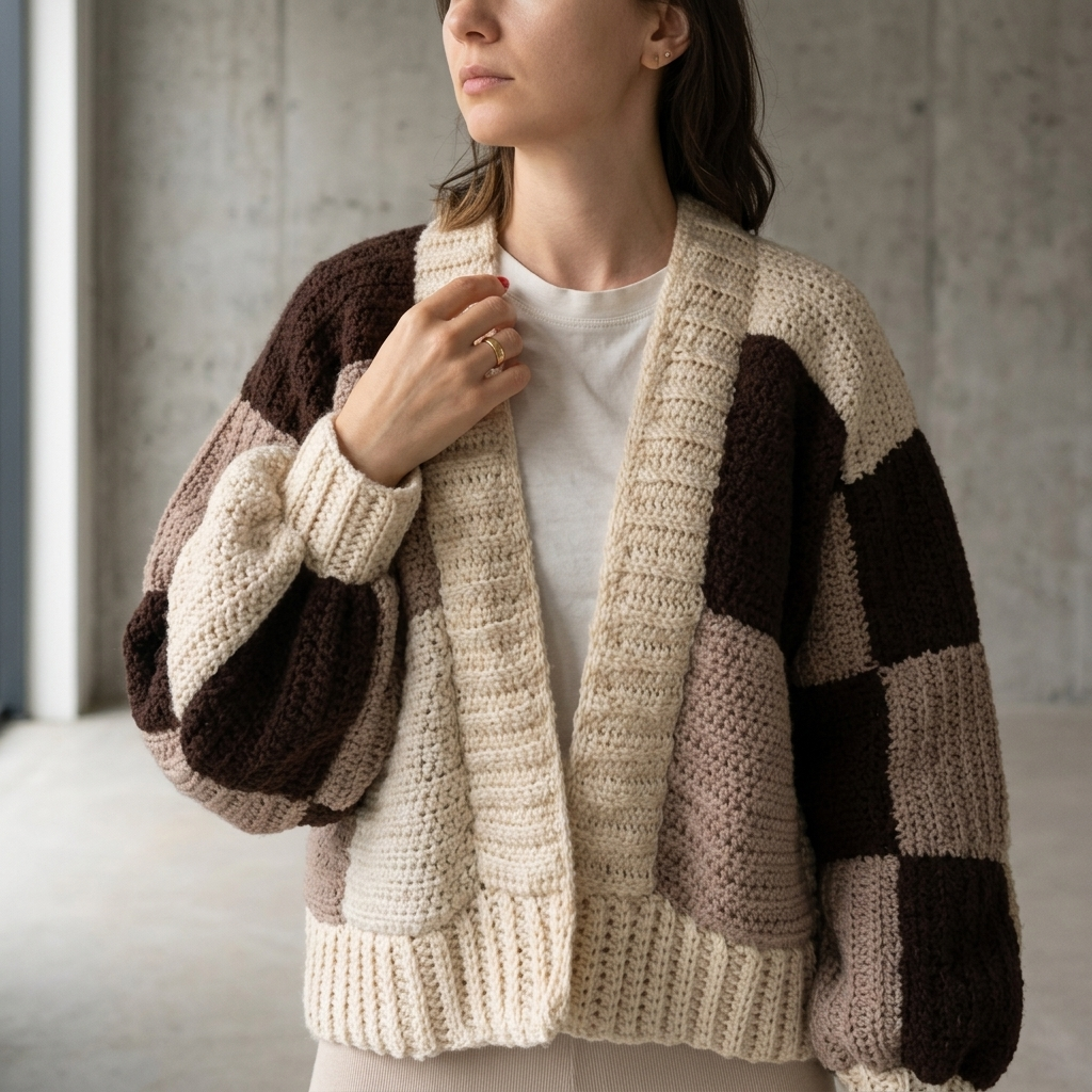 Hand Crocheted Square Patch Cropped Cardigan with Baggie Sleeves
