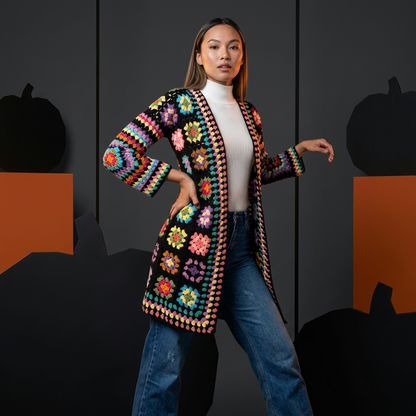 Hand Crocheted Multicolor Long Cardigan