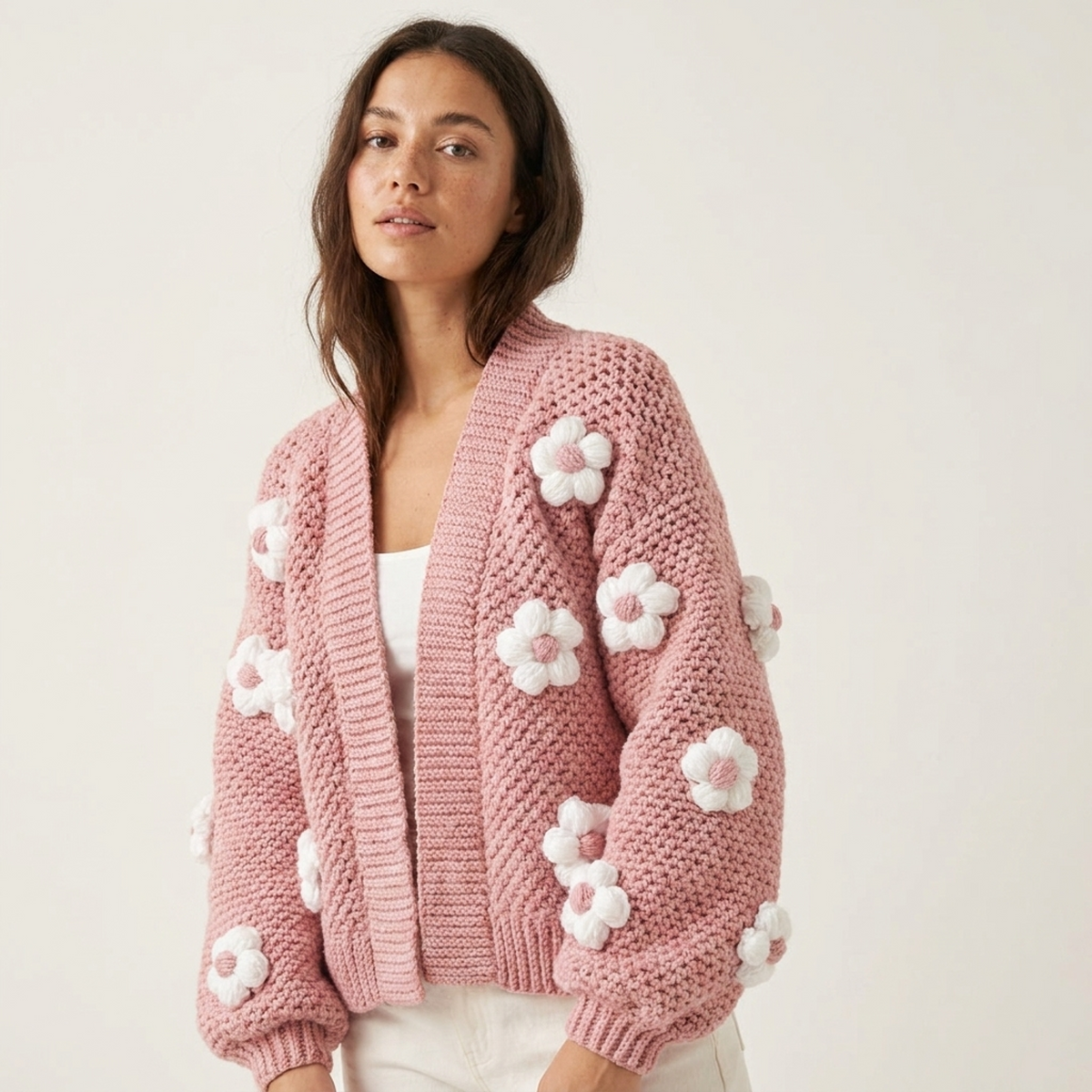Hand Crocheted Pink Cardigan with White Daisy Flowers