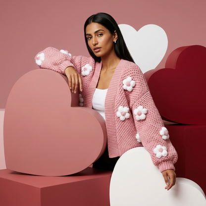 Hand Crocheted Pink Cardigan with White Daisy Flowers